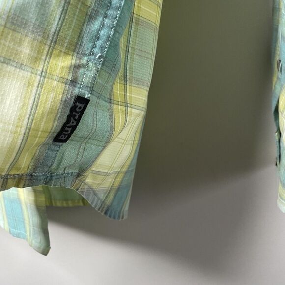 PRANA Shirt Mens Small S Green Yellow Plaid Button Up Long Sleeve Nylon Blend - Picture 3 of 9